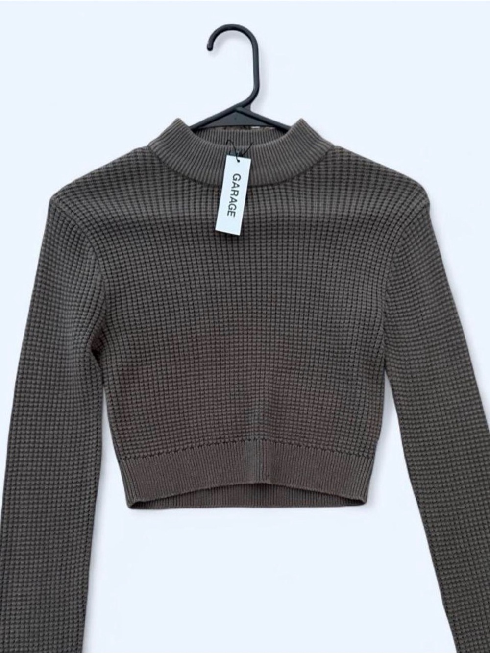 Garage Cropped Waffle Knit Mock Neck Sweater - green/grey